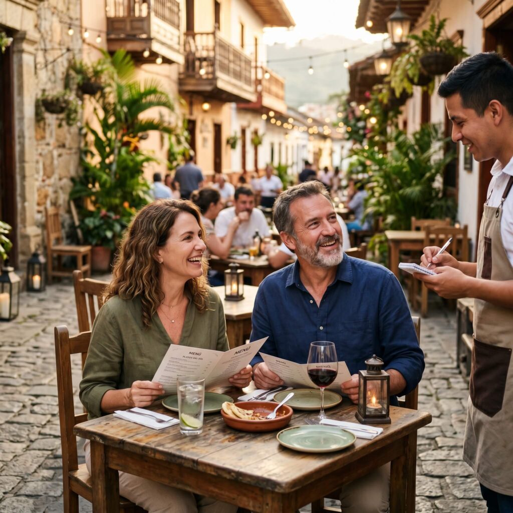 A man and his wife ordering a meal in an outdoor restaurant