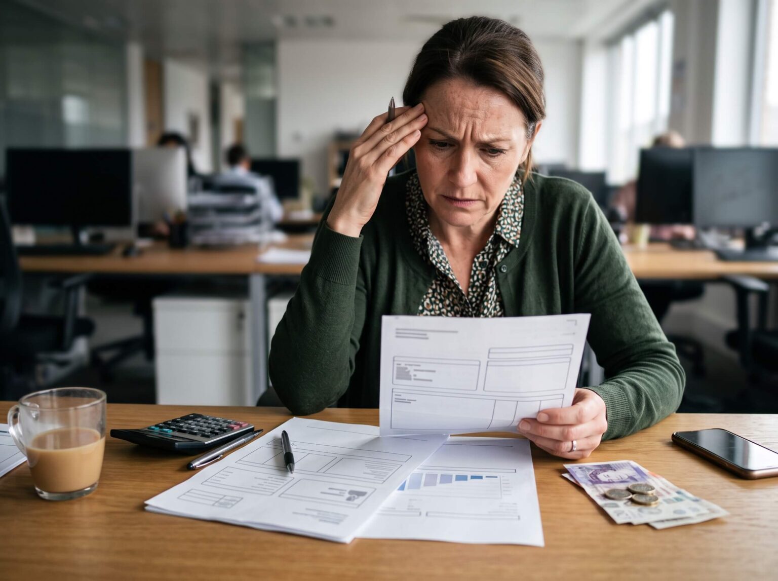 A female professional in the office reading a document about the changes in UK pension regarding salary sacrifice
