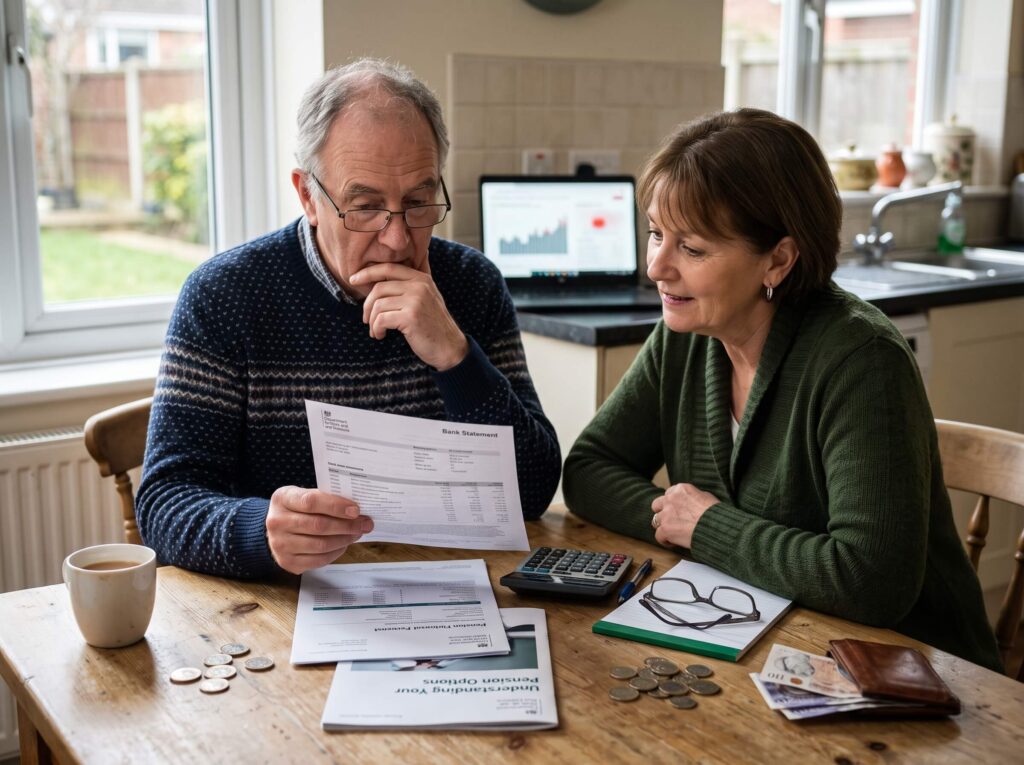 An elderly couple puzzling over their investment.